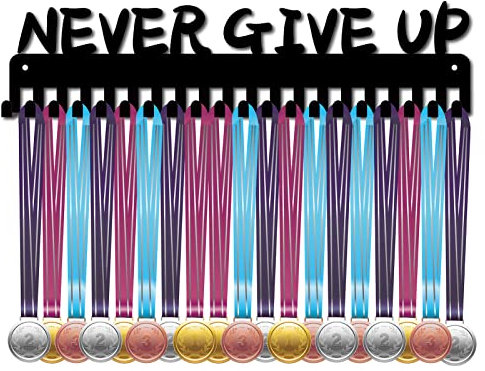 CREATCABIN Never Give Up Medaillenhalter Sportmedaillen-Ausstellungsständer Wandhalterung Aufhänger Edelstahl Metall Auszeichnung Für Die Aufbewahrung Ausweisen Hause Laufen Über 60 Medaille Schwarz