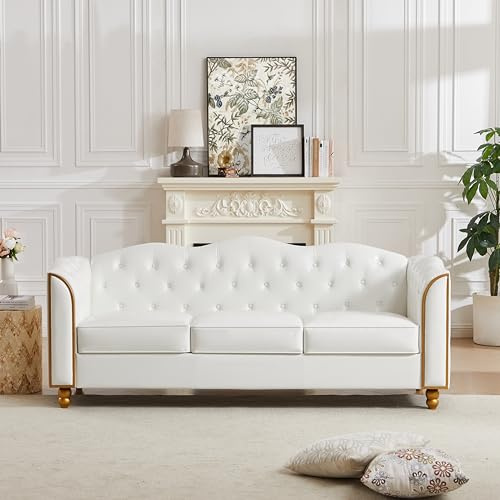 HITHOS 78 Leather Sofa Couch, Soft 3 Seater Sofa Couches for Living Room, Button Tufted Comfy Couch Modern Sofa with Upholstered Cushion, Gold Trim, Solid Wood Legs for Dorm Bedroom Apartment, White