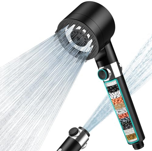 Duschkopf mit Filter MEKO Hochdruck Handbrause mit Filtration in 15 Schichten 1,5M Schlauch 3 Strahlarten Sparduschkopf für Entfernen vom harten Wasser, Rest-Chlor, Bakterien und Schwermetall Svhwarz