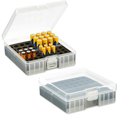 Relaxdays Custodia Portabatterie, Set da 2, per 60 Pile AA e AAA, 5,5x15x15,5 cm, Scatola per Batterie, Trasparente/Nero