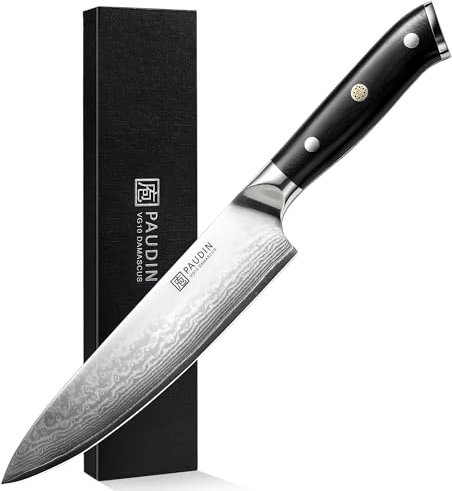 PAUDIN Damastmesser 20 cm Kochmesser profi Küchenmesser scharfes Messer mit ergonomischem G10-Griff aus Damaststahl für Fisch Gemüse Obst Fleisch Brot Kuchen Käse