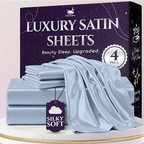 SLEEP SANCTUARY Satin Sheets Full Size – 4 Piece Luxury Silky Bed Set, Softer Than Silk, 15 Deep Pocket, Cooling & Wrinkle-Free, Moisture-Wicking & Breathable for Hair & Skin (Baby Blue)