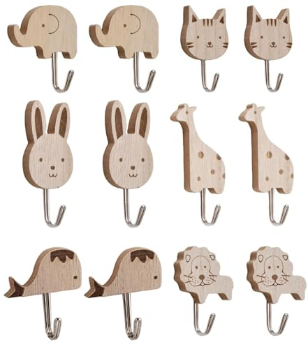 KPSRFG 12Pcs Kids Coat Hooks, Wooden Animal Wall Hooks, Childrens Coat Hooks, Adhesive Wall Hooks, Kids Room Decoration