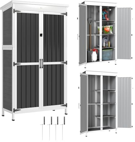 Outsunny Armadio da Giardino in Legno Abete e Acciaio, Casetta Attrezzi Giardino con Porta Bloccabile, Tetto Asfalto, Ripiani Rimovibili, Capanno Porta Attrezzi per Esterno, 94x43x166cm, Bianco Nero