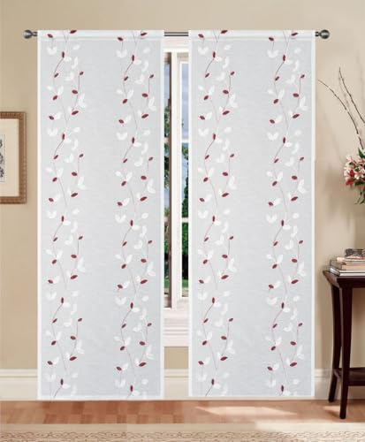 Tata Home Coppia Tende per Interni a Vetro Finestra Semitrasparenti Bianche Tende Cucina Bagno Camera Ricamate Fantasia con Foglie Misura 60x240 cm Mod. AUGUSTA B1 Colore Rosso