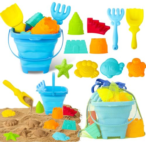 Beach Sand Toys for Kids,12 PCS Collapsible Beach Toys Set and Spade Set with Mesh Bag,Castle&Aninal Moulds ,Travel Beach Essentials for Children,Gardening Beach Outdoor Toys for Boys Girls (Blue)