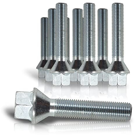 JOM Car Parts & Car Hifi GmbH 770008 Kit de 10 Vis, Boulons, boulonnerie longue M 12 x 1,5 50 mm pour les cales d'élargissement de voie de roue, jante, boulonnerie Assise / collet conique - Qualité Allemande.
