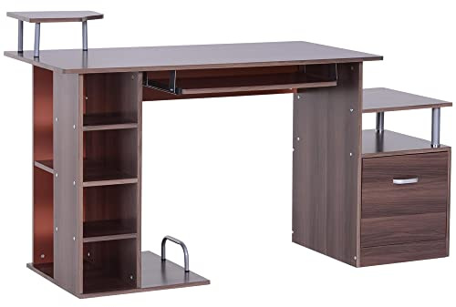 HOMCOM Scrivania per Computer Moderna con Cassetti, Ripiani e Tastiera Estraibile, Scrivania da Ufficio per Casa in Legno Marrone 152x60x88cm