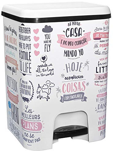 TODO HOGAR | Cubo de Basura con Pedal | Capacidad de 26 litros | Decoración Textos | Color Blanco | Cubo de Basura Cocina | Piezas Extraíbles | Limpieza Fácil |