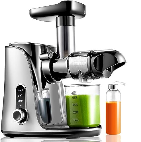 AMZCHEF Entsafter Slow Juicer leistungsstarker Entsafter für Obst und Gemüse mit 2 Geschwindigkeitsmodi, 500 ml Reiseflaschen - Large - Grau [Energieklasse A+++]