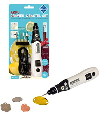 Pebaro 0351 Batterigravyrset: Trådlös graveringsmaskin USB, 2 keramiska slippennor, 2 diamantslippennor; pyssel, gravering, dekoration av glas, spegel, keramik, porslin, metall