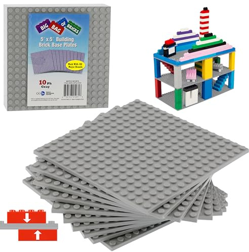 Classic Baseplates for Building Bricks - Set of 10 Gray 5x5 Building Plates - Connectivity on Both Sides- STEM Learning Toy- Compatible, Tight Fit w All Major Brands- Kids Easter Basket Stuffer Gift