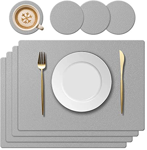 KERYCHIN Washable Silicone Placemat and Coaster, Heat Resistant 220 °C, Non-Slip and Waterproof, Easy to Clean for Dining Room, Kitchen, Hotel, 40 x 30 cm, 8 Pieces, Light Grey, L