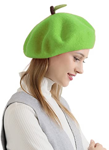 Zasy Handmade Wool Beret Hat French Style Needle Felt Flower Beanies Women Winter Autumn Cap (Green Apple)