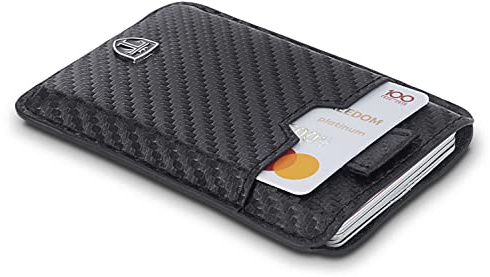 TRAVANDO Portefeuille Petit Protection RFID pour Jusqu’à 12 Cartes de Crédit - Portefeuille Mince avec Blocage Piratage Bancaire, Pince Clip Billets, Porte-Monnaie, Porte-Carte Etui Hommes (Carbon)