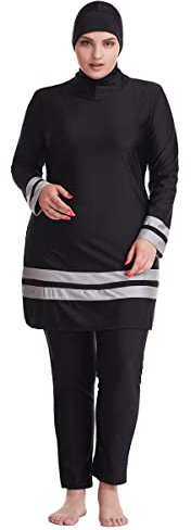 Burkini Damen Muslim Übergröße Frauen Muslimische Bademode Islamisch Arabisch Jilbab Langarm Schwimmoberteile Built in Bra+Schwimmhose+Hijab Kopftuch Khimar 3tlg Ganzkörper Schwimmanzug Schwarz 5XL