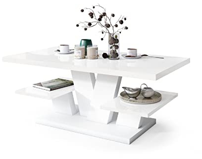 All4All Couchtisch Valerio - Wohnzimmertisch - Kaffeetisch – Tisch mit Ablagen - Esszimmertisch - Coffee Table - 110x60cm - 05 - Weiß Hochglanz + Weiß