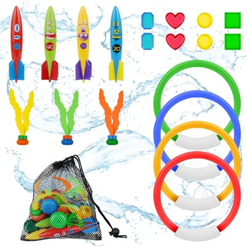 OSDUE Jouets de Plongée Piscine, 20pcs Fusée Pierre de Plongée Cercle, Jouets de Natation sous Eau été Jeux Natation Piscine, pour Adultes Enfants L'entraînement sous-Marin
