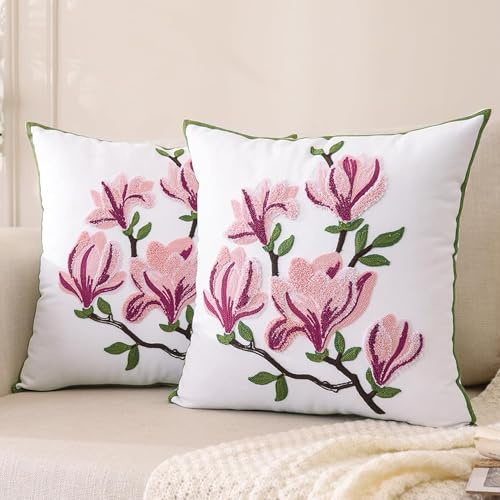 LUOYEHK Embroidered Throw Pillow Covers 18x18 Inch Set of 2 Pink Magnolia Flower Spring Pillowcases Farmhouse Canvas Square Cushion Covers for Living Room Sofa Bed