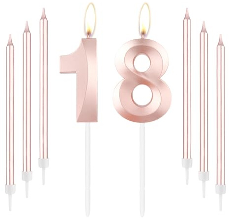 Candelas para el 18 cumpleaños en Oro Rosa, Vela Número 18, Largas y Delgadas, Decoración para Pastel, Feliz Cumpleaños para Mujeres y Niñas, Fiestas