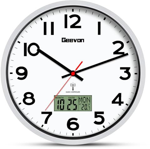 Geevon DCF Wanduhr ohne Tickgeräusche, 12 Zoll Funkuhr mit Temperaturanzeige Wanduhren, Funkuhren, Digitale Funkwanduhr, Funk Küchenuhren Wohnzimmer Uhr, Wand Küchenuhr, Funkwanduhr Seiko Lautlos