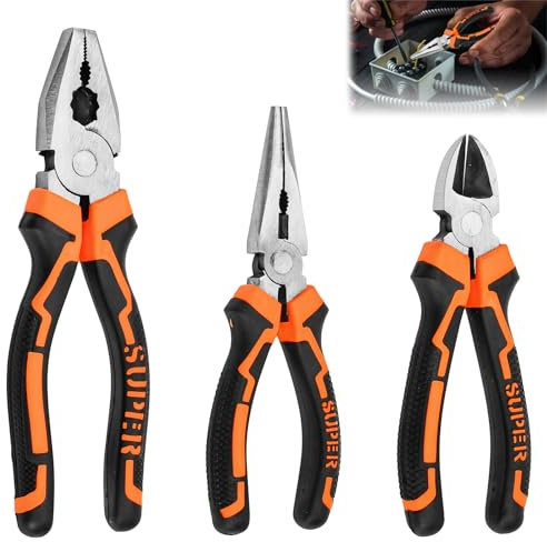 KYYGKY Juego de 3 Alicates, Alicate de Corte de Punta Larga, Alicate de Corte Diagonal de Acero al Carbono, Alicate Combinado Profesional con Mango Antideslizante (6 pulgadas/ 8 pulgadas)