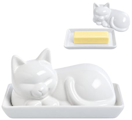 HIC Kitchen Cat Butter Dish with Lid, Fine Porcelain