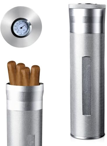 Humidor per sigari in acciaio inox, custodia per sigari con igrometro, umidificatore per sigari, tubo da viaggio per 3 a 4 sigari, custodia per sigari, umidificatore portatile per viaggi brevi