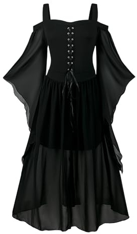 YORDET Costume medievale da donna, abito gotico da donna, con maniche a tromba, corsetto rinascimentale costume per abito nero, Halloween (Nero, 3XL)
