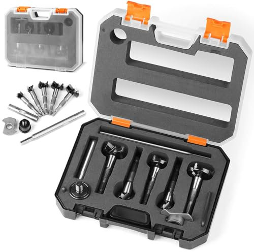 XHYASD Multifunktionales ForstnerBohrer Set, 5tlg Forstner Bohrer für Holz mit Aufbewahrungskoffer, Tiefenanschlag Verlängerung M10-Verbindungsstange Holzbohrer für Holz und Hartholz 15/20/25/30/35mm