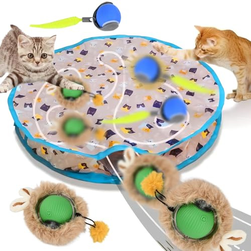 2 Pelotas Gatos Interactivas Automático con 1 Alfombra de Juego, Pelotas de Juguete Eléctricas Gatos de Interior, Bola de Juguete Interactivo de 360° Gatos Perros, Inteligente Pelotas de Mascotas (A)