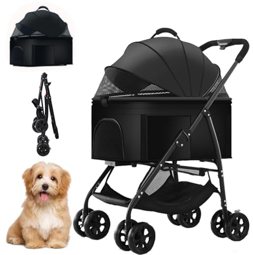 Siairo Hundewagen 3 in 1, Haustiere Buggy für mittelgroße Hunde, Faltbarer Hundebuggy bis 20kg, Haustiere Transportbox, Hundewagen mit abnehmbarem Carrier Autositz und Nahrungsmittelfach (schwarz)