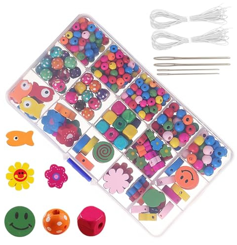 Qaestuan Lot de 400 Perles en Bois Multicolores, Livré avec Aiguille et Fil, DIY Kit de Perles pour Bijoux, pour Fabrication de Bijoux DIY, Bracelets D'amitié