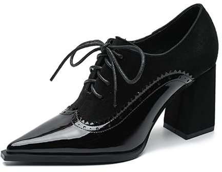2025 Autumn New Pointed Toe Pumps High Heels Elegant Simple Fashion Women Shoes Black Bandage Brogue British High Heel Chunky Heel Pumps Shoes (Black, Adult, Women's, 8, Digital, US Shoe System, Medium(Medium))