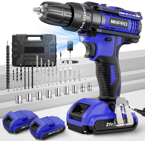 Taladro Percutor a Bateria, MHPRO Taladro Atornillador Bateria 21V con 2 Baterías 2000mAh, Destornillador Electrico 42Nm, 25+3 Ajuste de Par, 30 Accesorios, 2 Velocidad, LED Luz Para Hogar, Bricolaje