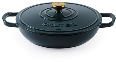 Salter Chester Shallow Cast Iron Casserole Pot – 30cm Dutch Oven/Stock Pot, Self Basting Lid, Enamel Coated Cast Iron, Oven Safe, Suitable for All Hobs Including Induction, 2.8L Cap., PFAS-Free, Green