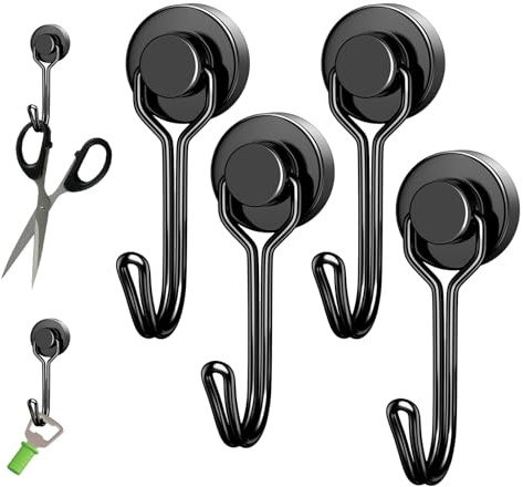 Biliant 4 ganchos magnéticos, ganchos magnéticos extra fuertes, ganchos de neodimio negro, gancho magnético de neodimio de 6 kg, imanes fuertes con ganchos para dormitorio, garaje, soporte para llaves