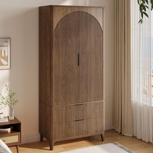 Oxirth 70.1 Arched Wooden Armoire Wardrobe Closet with 2 Doors and 2 Drawers, Fluted Bedroom Armoire with Hanging Rod Shelf, Clothing Storage Cabinet, Wardrobe Armoire Closet Cabinet for Bedroom