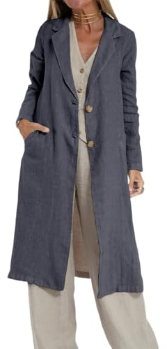 IDEALSANXUN Long Linen Blazer Women 2026 Casual Lightweight Spring Jackets Summer Blazer Midi Length Trench Coat Cardigan Tops, Dark Grey, M