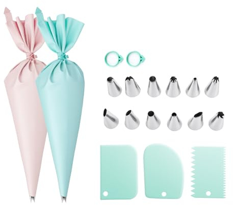 Piping Bags and Nozzles Set Cake Decorations: 2 Pcs 12 Piping Bags Reusable & 12 Stainless Steel Icing Nozzles Cake Decorating & 3 Scrapers & 2 Rings, for Cupcake Dessert Cookies Decoration