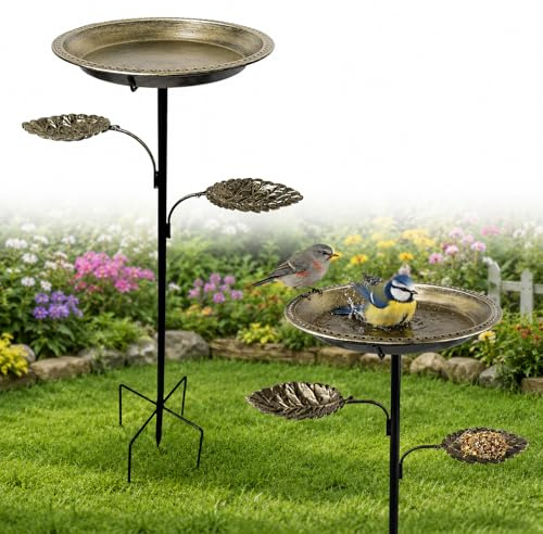 Bagnetto per Uccelli in Metallo da Giardino – 2 in 1 Vasca per Uccelli e Mangiatoia, Bird Bath Vintage con Picchetto, Abbeveratoio per Uccelli da Terra e Decorazione Giardino per Esterno (Bronzo)