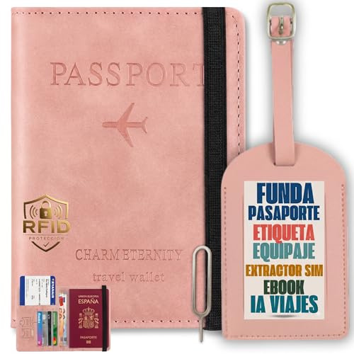 Funda Pasaporte Cuero Bloqueo RFID,Porta Pasaporte Viaje,Porta Documentos | Accesorios viaje,cartera organizador viaje,identificador de maletas,pin extractor sim,ebook IA prompts viajeros,ROSA