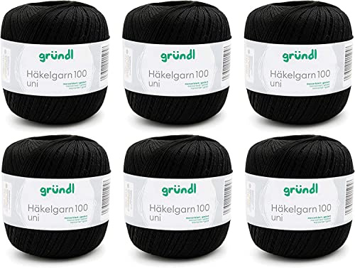 Gründl filato per uncinetto 100 uni (lana per maglieria, set per uncinetto, filato di cotone mercerizzato per uncinetto, 100% cotone, 100 g / 566 m, spessore dell'ago: 1,5-2, 6 x 100 g), Nero