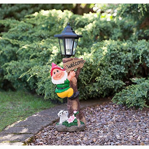 Outdoor Garden Gnome Solar Lamp Post Light Ornament Statue - Red Hat