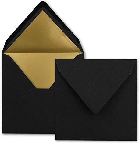 25 quadratische Brief-Umschläge - 15,5 x 15,5 cm, Schwarz - (Schwarz) - mit Gold-Papier gefüttert - Nassklebung - FarbenFroh by GUSTAV NEUSER