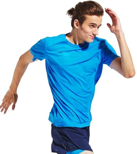 TLRUN Men's Ultra Lightweight Running Shirts Dry Fit Marathon Top Tee Cool Short Sleeve Athletic T-Shirts(Medium, Blue)