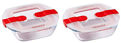Pyrex Pirofila quadrata classica in vetro con coperchio ventilato, adatta al microonde, 1 l, colore rosso (confezione da 2)