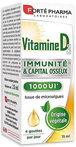 Forté Pharma - Vitamine D3 1000 UI | Complement Alimentaire Immunité et Capital osseux - Dès 3 ans - Santé osseuse - Origine végétale, Huile de Colza | Flacon compte-gouttes 15ml, 1-4 gouttes/jour