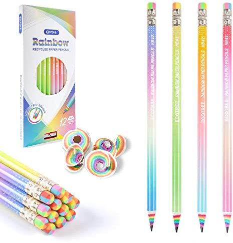 ECOTREE Pre-sharpened Pencils #2 Eco Rainbow Paper Pencil Cute Pencil for Kids Number 2 Pencils with Erasers for School, Writing, 12 Count