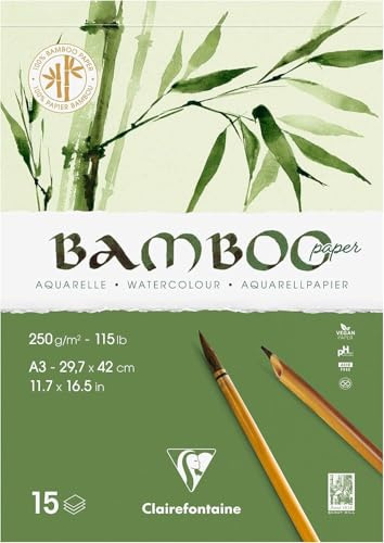 Clairefontaine 975920C - Bamboo Single-Sided Pad - 15 Sheets 100% Bamboo Paper Natural White Watercolour 100% Vegan - Finely Marked Grain A3 29.7x42 cm 250g